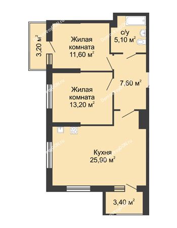 2 комнатная квартира 66,4 м² - ЖК Сказка
