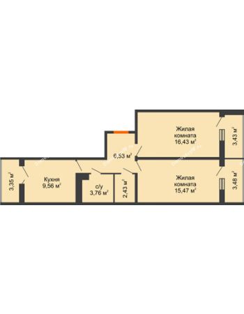 2 комнатная квартира 59,3 м² в ЖК Семейный парк, дом Литер 2