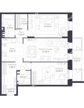 3 комнатная квартира 81,7 м² в ЖК Veren Village Стрельна, дом Корпус Западный
