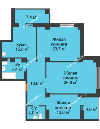 3 комнатная квартира 110,1 м² в ЖК Перья, дом № 1, 4 этап