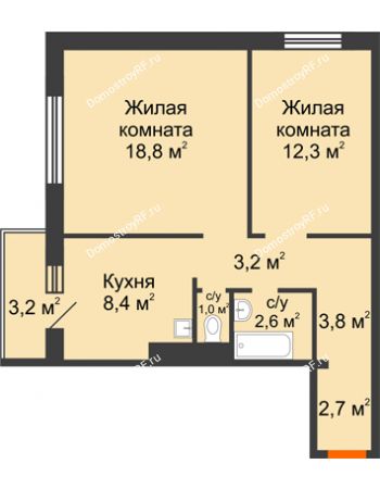 2 комнатная квартира 53,7 м² в ЖК Апрелевка, дом № 2, строение 1
