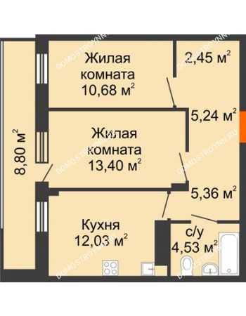 2 комнатная квартира 58,09 м² в ЖК Циолковский, дом № 4