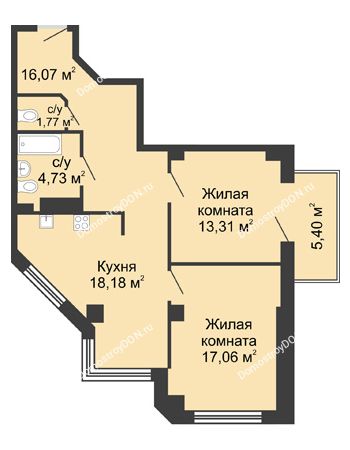 2 комнатная квартира 72,74 м² в ЖК Мега, дом № 116, секция 2