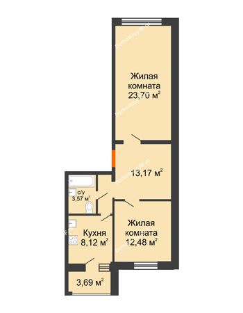 2 комнатная квартира 62,88 м² в ЖК Боровое, дом № 14