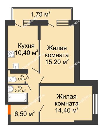 2 комнатная квартира 51,9 м² в ЖК SkyPark (Скайпарк), дом Литер 1, корпус 1, блок-секция 2-3