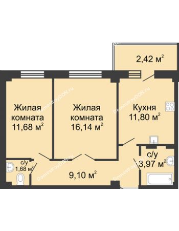 2 комнатная квартира 53,25 м² в ЖК Соловьиная роща, дом № 4