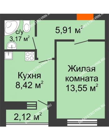 1 комнатная квартира 33,4 м² - ЖК Янтарный