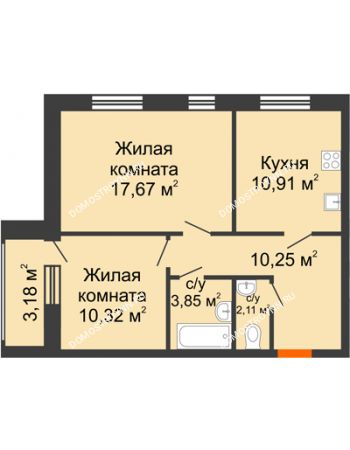 2 комнатная квартира 56,7 м² - ЖК Дом на Чаадаева