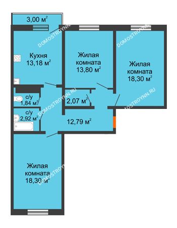 3 комнатная квартира 84,1 м² в ЖК Бурнаковский, дом № 47