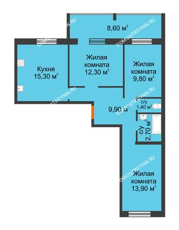 3 комнатная квартира 69,6 м² в ЖК Удачный 2, дом № 1