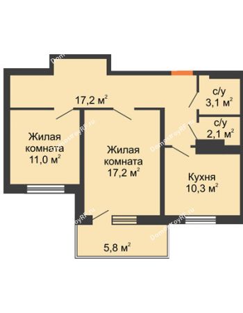 2 комнатная квартира 62,6 м² - ЖД На Комсомольском