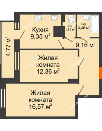 2 комнатная квартира 57,43 м² в ЖК Виктория, дом № 52