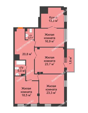 4 комнатная квартира 125,9 м² в ЖК Премиум, дом № 2