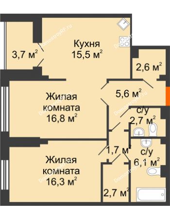 2 комнатная квартира 71,9 м² в КД Лобачевский, дом № 1