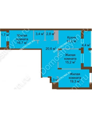 3 комнатная квартира 99,7 м² в ЖК Монолит, дом № 89, корп. 1, 2
