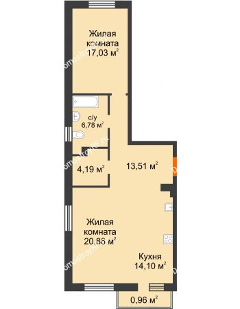 2 комнатная квартира 77,43 м² в ЖК Норма, дом № 2