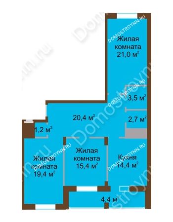 3 комнатная квартира 102,4 м² в ЖК Монолит, дом № 89, корп. 1, 2