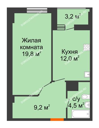 1 комнатная квартира 47,1 м² в ЖК Квартет, дом № 3