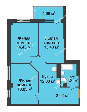 3 комнатная квартира 64,52 м² - ЖК Кристалл 2