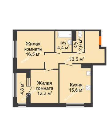 2 комнатная квартира 67,2 м² в ЖК Цветы 2, дом № 7