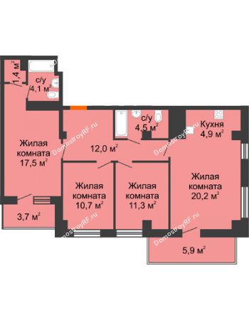 4 комнатная квартира 90,3 м² в ЖК Времена года, дом № 1