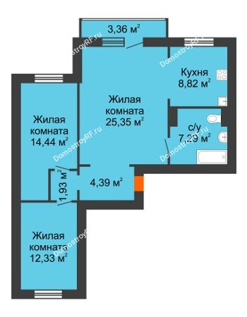 3 комнатная квартира 75,83 м² в ЖК Иннoкeнтьeвcкий, дом № 7а
