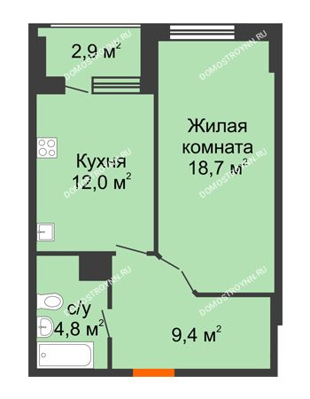 1 комнатная квартира 46,35 м² в ЖК Квартет, дом № 3