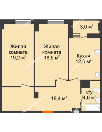 2 комнатная квартира 74,2 м² в ЖК Квартет, дом № 3