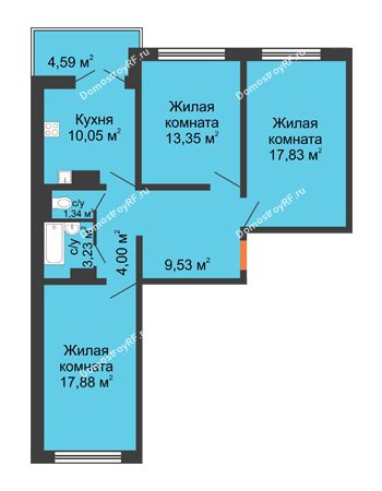 3 комнатная квартира 78,3 м² в ЖК Лазурный, дом позиция 50 (2-5 подъезд)