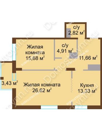 2 комнатная квартира 75,02 м² в ЖК Высоково, дом № 2