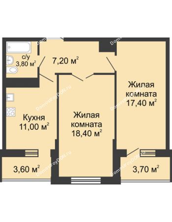 2 комнатная квартира 61,9 м² в ЖК Первый, дом Литер 2