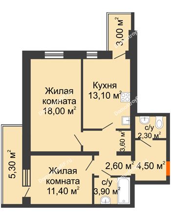 2 комнатная квартира 63,6 м² в ЖК Шестое чувство, дом 2 очередь 1 позиция