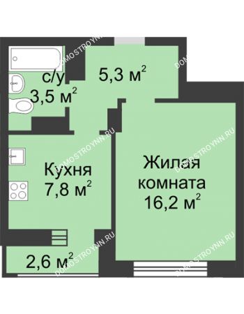 1 комнатная квартира 34,1 м² в ЖК Аквамарин, дом № 7