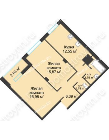 2 комнатная квартира 60,2 м² в ЖК На Вятской, дом № 3 (по генплану)