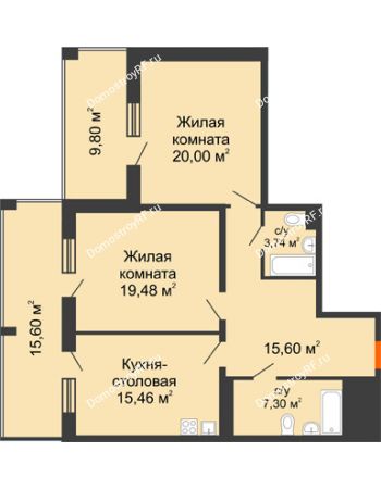2 комнатная квартира 91,04 м² в ЖК Кристалл, дом Корпус 1