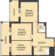 2 комнатная квартира 91,04 м² в ЖК Кристалл, дом Корпус 1 - планировка