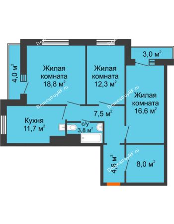 3 комнатная квартира 86,8 м² в ЖК Светлогорский переулок, дом № 1, строение 1