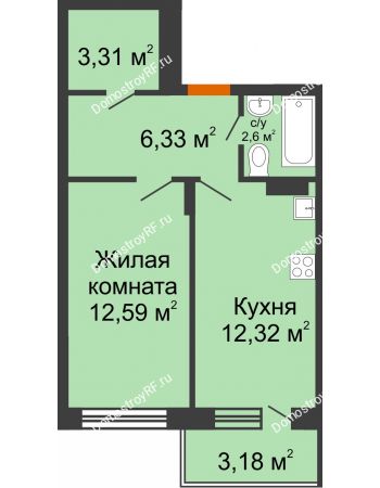 1 комнатная квартира 38,81 м² в ЖК Мандарин, дом 2 позиция 5-8 секция