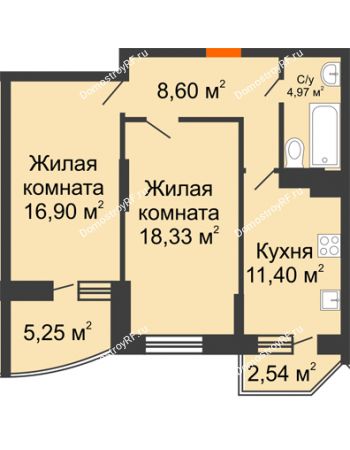 2 комнатная квартира 63,58 м² в ЖК Россинский парк, дом Литер 1