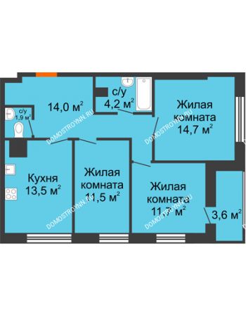 3 комнатная квартира 76,7 м² в ЖК Подкова на Родионова, дом № 2