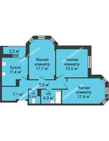 3 комнатная квартира 85 м² в ЖК Цветы, дом № 15