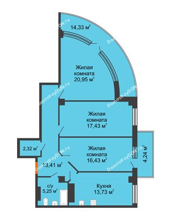 3 комнатная квартира 98 м² - ЖК Кристалл 2