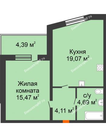 1 комнатная квартира 43,34 м² в ЖК На Мельникайте, дом ГП-17
