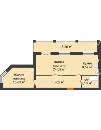 2 комнатная квартира 74,26 м² в ЖК Свобода, дом 2 очередь