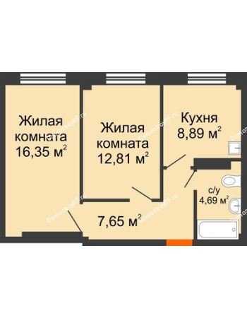 2 комнатная квартира 50,39 м² - ЖК Весенняя, 34