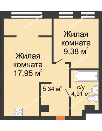 2 комнатная квартира 37,58 м² в ЖК Европейский берег, дом ГП-9 "Дом Монако"
