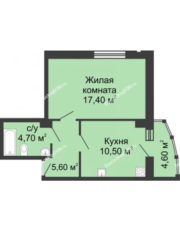 1 комнатная квартира 42,8 м² в ЖК Мега, дом № 118, секция 2