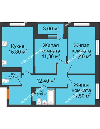 3 комнатная квартира 73 м² в ЖК Цветы 2, дом № 4