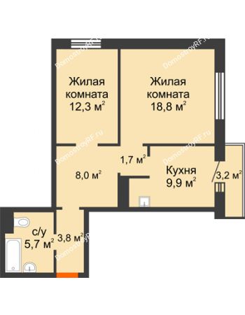 2 комнатная квартира 61,1 м² в ЖК Курчатова, дом № 10.1