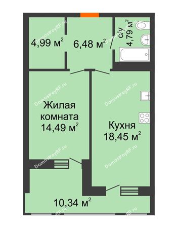 1 комнатная квартира 54,38 м² в ЖК Бунин, дом 1 этап, секции 11,12,13,14